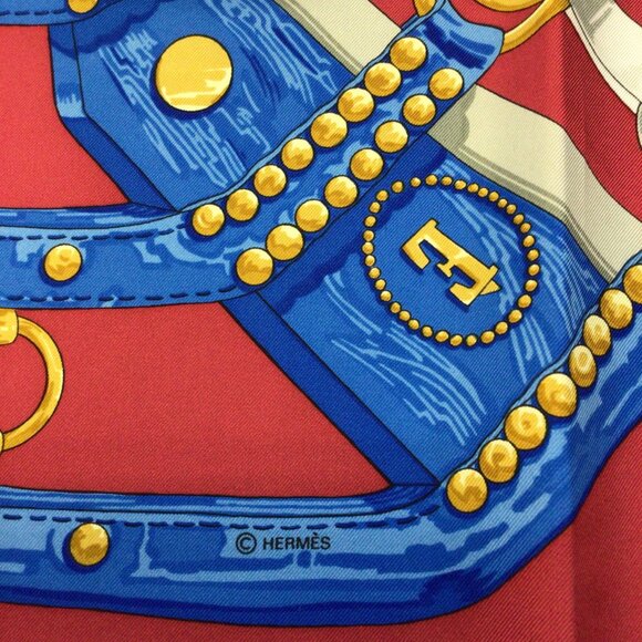 HERMES RED / BLUE MULTI AUX CHAMPS SQUARE SILK TWILL SCARF - Picture 9 of 9